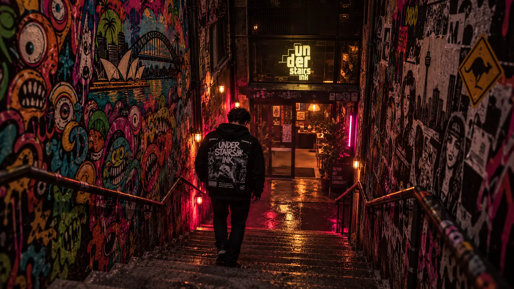 Walking down the graffiti stairs to the Understairs Ink door