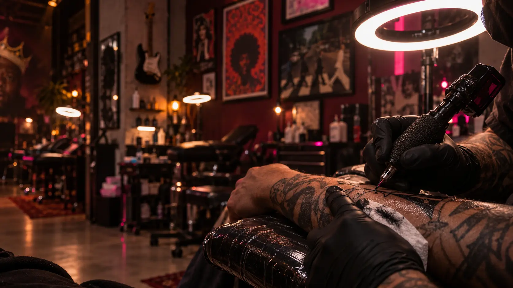 An artist tattooing an arm under a ring light