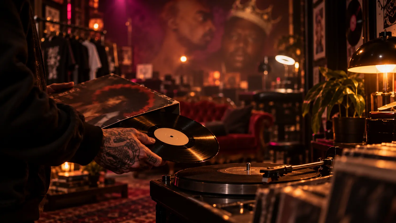 A tattooed hand putting a record on the turntable